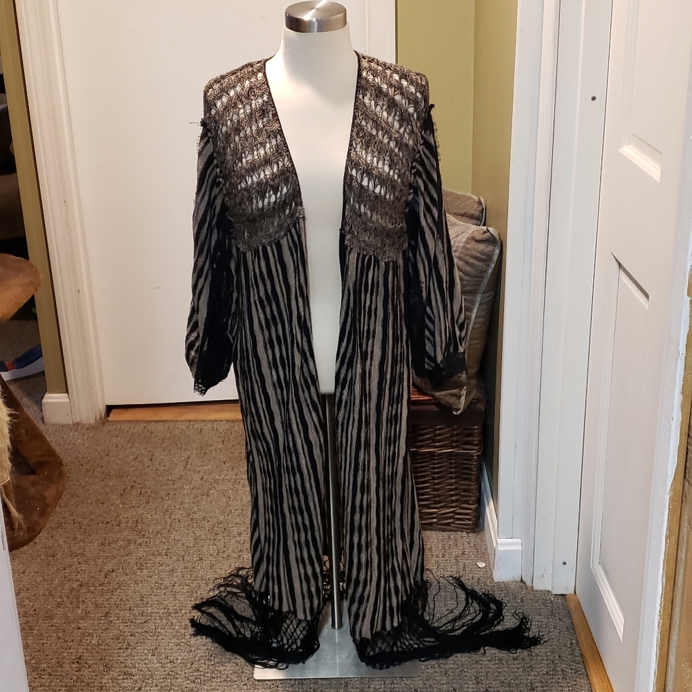 Free People Black and Cream Striped Fringe Kimono Cardigan